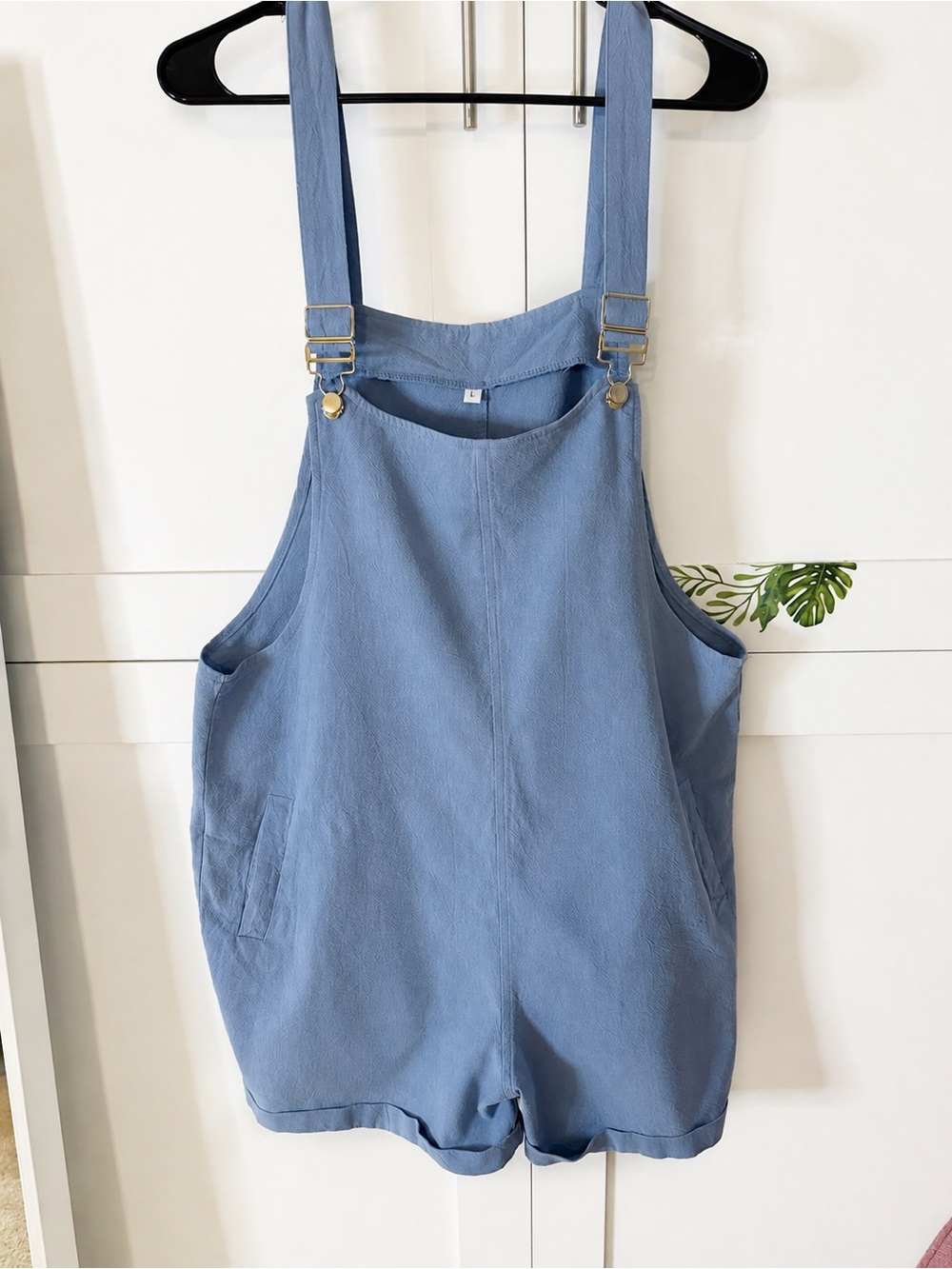Women’s Blue Cotton Linen Shortall Overall Romper Adjustable Straps Size Large